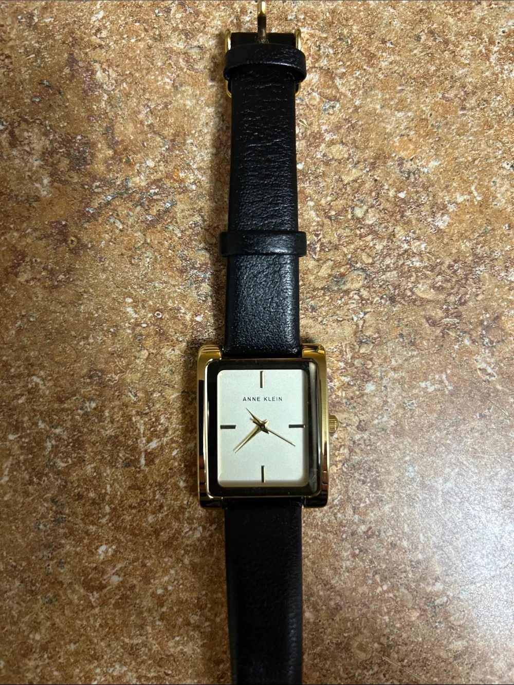 Anne Klein Gold-Tone Square Watch with Black Strap